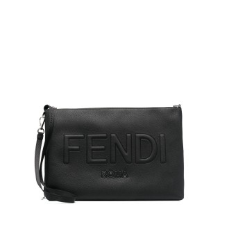 FENDI Pochette con logo Fendi goffrato in pelle di vitello nera