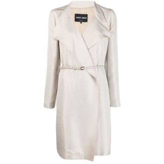 GIORGIO ARMANI Cappotto midi in pelle di vitello beige chiaro con cintura