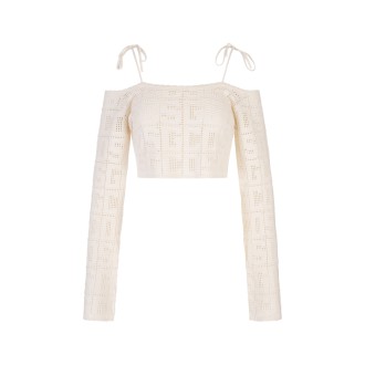 GCDS Top Crop Bianco In Macramè Monogram GCDS