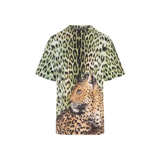 ROBERTO CAVALLI T-Shirt Verde Con Stampe Jaguar