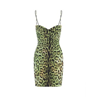 ROBERTO CAVALLI Mini Abito Smanicato Verde Con Stampa Jaguar