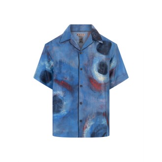 MARNI Camicia Bowling In Seta Blu Scuro Con Artwork