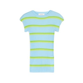 T-shirt LANOSO di Sportmax, da donna, colore azzurro. Modello a maniche corte ad aletta, realizzato in filato di puro cotone. Caratterizzato da fantasia di righe a tre colori e lavorazione a costine verticali. Collo tondo. Vestibilità slim. 