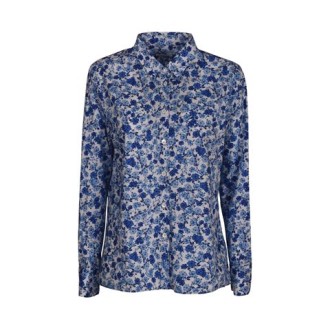 Camicia di ROBERT FRIEDMAN da donna, colore blu. Modello a maniche lunghe con chiusura bottone sul polso, colletto camicia, chiusura con bopttoni a vista e fondo stondato ed assimetrico. Caratterizzata da stampa fiori all-over. Vestibilità regolare. 