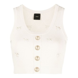 PINKO Top smanicato in cotone con bottoni oro e motivo Pinko ricamato