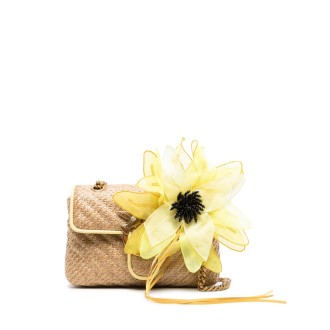 PINKO borsa a spalla in rafia beige con fiore giallo gelsomino e logo Pinko oro