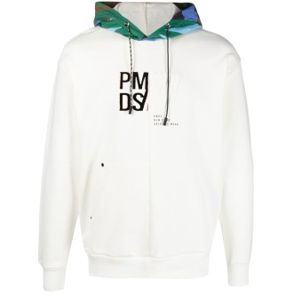PMDS felpa bianca con cappuccio mimetico multicolor e logo PMDS