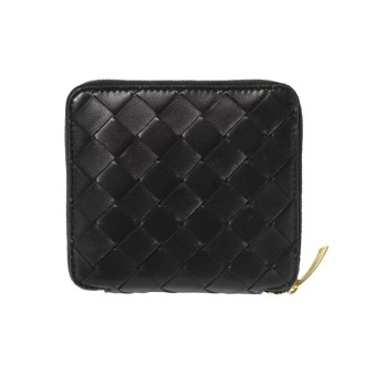 BOTTEGA VENETA Portafoglio compatto nero in pelle con motivo Intrecciato