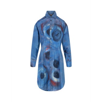 MARNI Abito Chemisier Corto In Seta Blu Scuro Con Artwork