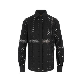 ROBERTO CAVALLI Camicia Nera Con Pizzo e Ricami a Intaglio