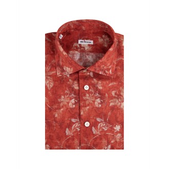 KITON Camicia In Lino Rosso Con Fantasia Floreale