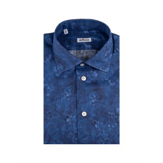 KITON Camicia In Lino Blu Con Fantasia Floreale