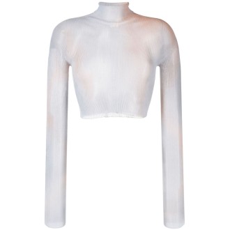 Off White `Tie Dye` `See Thru` Cropped Long Sleeve Turtle-Neck T-Shirt