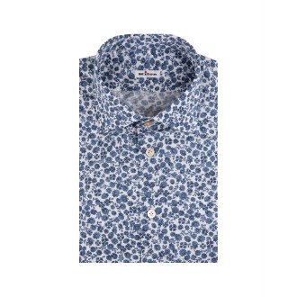 KITON Camicia In Cotone Bianco a Fiori Blu