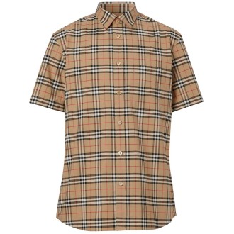 Burberry `Simpson` Short-Sleeve Small Scale Check Stretch Cotton Shirt