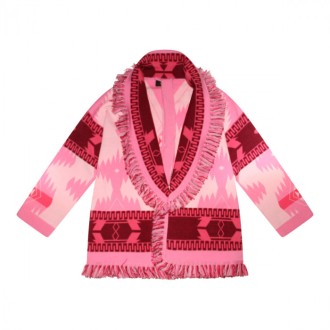 Alanui - Pink Virgin Wool Jacquard Icon Fringed Cardigan