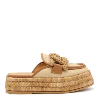 Tod's - Beige Leather And Raffia Platform Mules