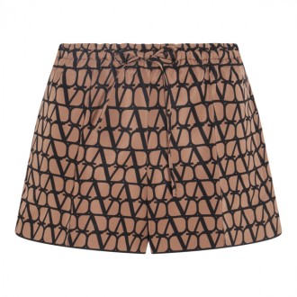 Valentino - Light Camel And Black Silk Toile Iconographe Shorts