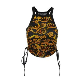 Top di Versace Jeans Couture, da donna, colore nero. Scollo all'americana e senza maniche. Modello corto con stampa baroque a contrasto all-over. Entrambi i lati con arricciature. Vestibilità slim. 