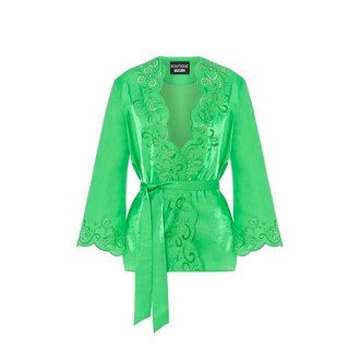 Giacca kimono di BOUTIQUE MOSCHINO, da donna verde. Modello con dettaglio cut-out a fiori, parte frontale aperta senza chiusure, maniche lunghe e cintura fusciacca rimovibile. Caratterizzato da ricami floreali traforati. Vestibilità morbida. 
