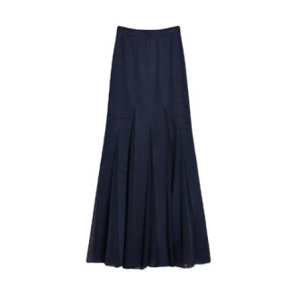 Gonna NICIA, di Max Mara, da donna, colore blu. Modello lungo, realizato in leggera e preziosa georgette di pura seta lavata. Impreziosita da intarsi in saglia di lino e cotone mélange, creando un ricercato gioco di trasparenze. Sfoderata. Chiusura c