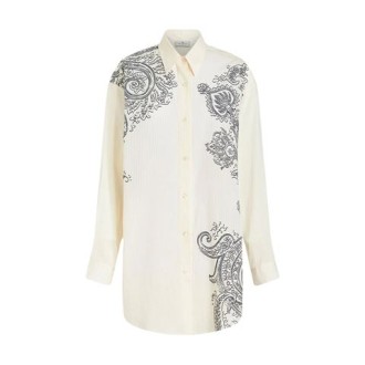 Camicia di Etro, da donna, colore bianco. Modello a maniche lunghe, realizzato in cotone e seta. Caratterizzato da stampa piazzata Paisley floreale, colletto a punta e chiusura con bottone. Polsini con doppio bottone. Vestibilità over. 