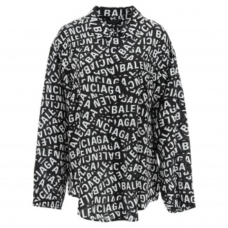 BALENCIAGA Camicia in seta nera con logo Balenciaga all over bianco