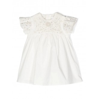 CHLOé KIDS Abito Baby Bianco Con Pizzo Sangallo e Finiture Dorate