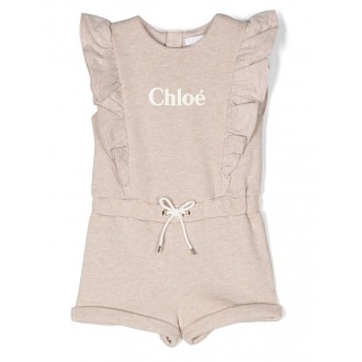 CHLOé KIDS Tutina Corta Beige Con Logo e Volant
