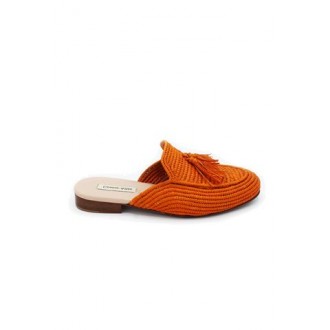 Sabot di Contre-allée, da donna, colore arancione. Modello realizzato con tomaia in rafia naturale intrecciata. Suola in cuoio e soletta interna in pelle. 