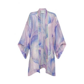 Kimono di Forte_Forte, da donna, colore lilla. Modello destrutturato, realizzato in garza di lino e seta. Caratterizzato da stampa dream con dettaglio a contrasto di colore fluo sul davanti. Vestibilità over. 