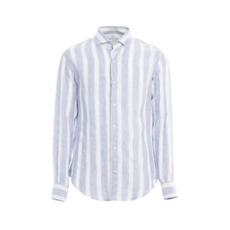 Camicia di Eleventy, da uomo, colore bianco e azzurro. Modello a maniche lunghe, realizzato in lino. Caratterizzato da motivo a righe, carrè spezzato e colletto dandy. Chiusura con bottoni. Vestibilità regolare. 