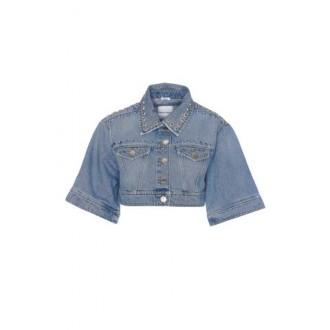 Giubbino RECORD, di Pinko, da donna, colore denim. Modello crop, caratterizzato da maniche corte e dettagli borchie e strass. Colletto classico e chiusura con bottoni. Vestibilità regolare. 