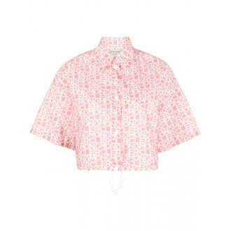 MONCLER Camicia cropped rosa corallo e bianca con logo Moncler