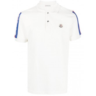 MONCLER polo bianca e blu in cotone con rifiniture con patch logo Moncler