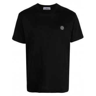 STONE ISLAND T-shirt nera in cotone con patch logo Stone Island