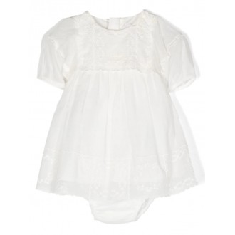 CHLOé KIDS Vestitino a Manica Corta Bianco Con Inserti In Pizzo