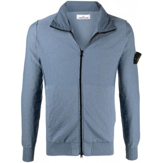 STONE ISLAND Felpa con cappuccio in maglia di cotone blu e grigio con zip e logo Stone Island
