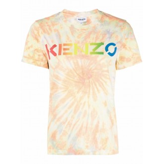 KENZO T-shirt tie-dye gialla e bianca con stampa del logo Kenzo