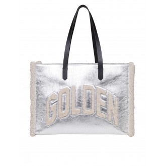 GOLDEN GOOSE Shopping tote bag argento metallizzato con logo Golden Goose