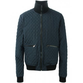 DOLCE & GABBANA bomber trapuntato blu con collo alto e finiture in pelle