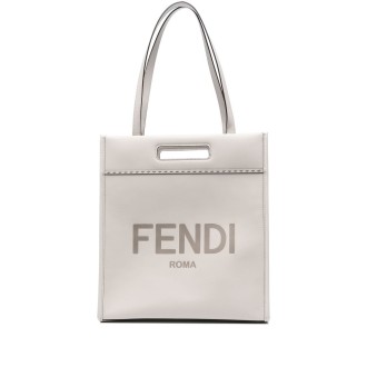 FENDI shopping bag media in pelle grigio chiaro con logo Fendi