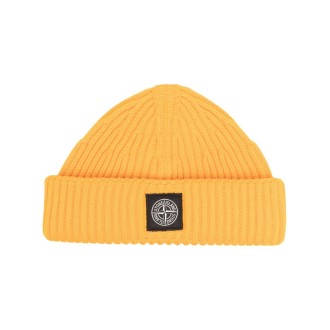 STONE ISLAND cappello giallo in lana merino a coste con logo Stone Island