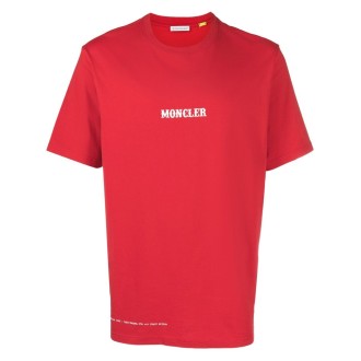 MONCLER FRAGMENT T-shirt rossa in cotone con logo Moncler bianco