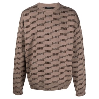BALENCIAGA maglione con monogram BB in lana e cotone beige e marrone