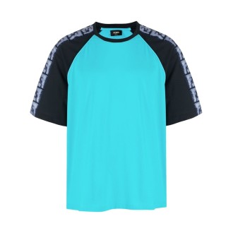 FENDI T-shirt in cotone blu acqua e nero con logo Fendi sulla manica