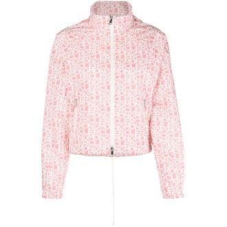 MONCLER giubbotto rosa e bianco con zip e logo Moncler all over