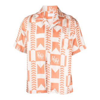 RHUDE camicia in lino color arancio pesca con stampa geometrica
