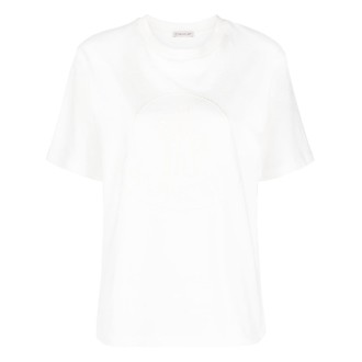 MONCLER T-shirt bianca in cotone con logo Moncler ricamato