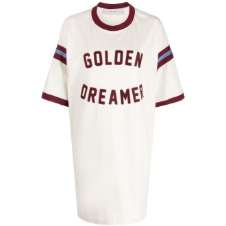 GOLDEN GOOSE t-shirt dress in cotone bianco e rosso bordeaux con righe